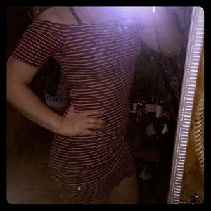 Maroon & white stripes, off the shoulder dress